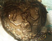 Rare Extra Large Antique Heart Shaped Jewelry Casket With Vain Mirror Gazer and Cherub