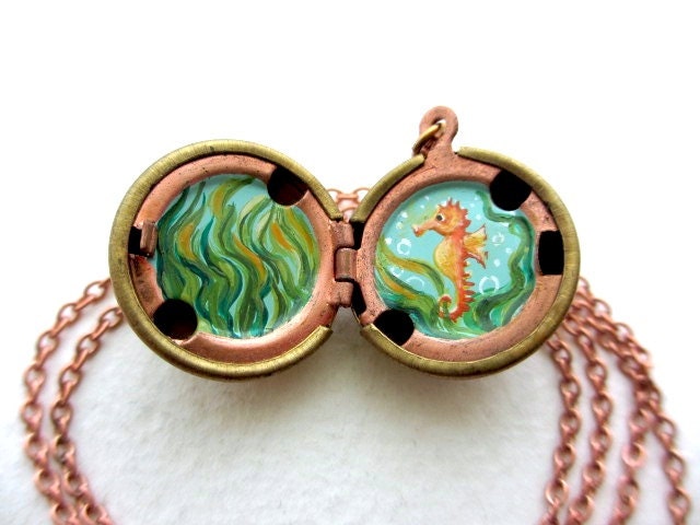 Ocean Locket, Hand-painted Necklace with Orange Seahorse and Aqua Green Seaweed, One of a Kind