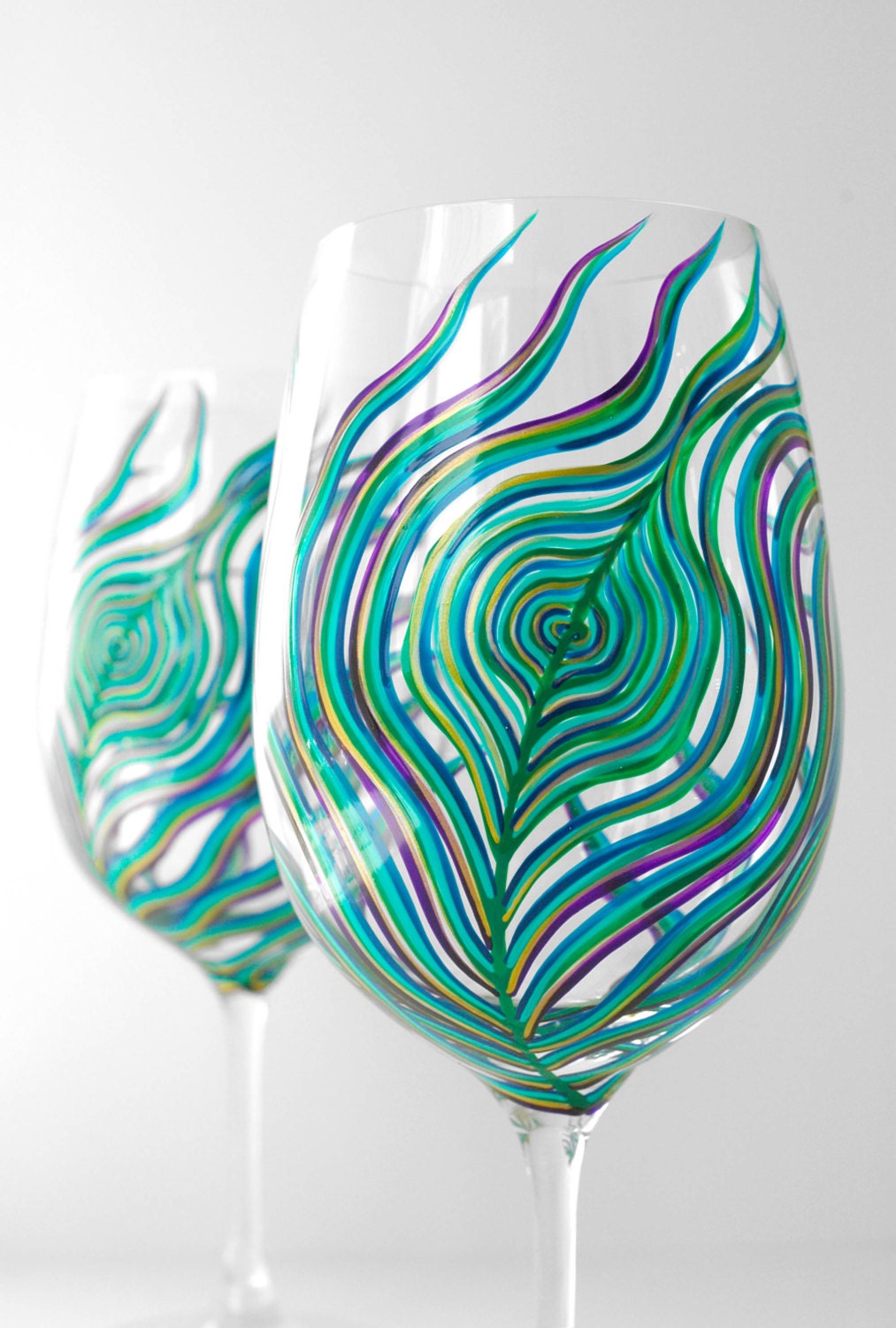 Peacock Feather Wine Glasses - Set of 2 Hand Painted Peacock Glasses in Sapphire, Emerald, Aqua, Plum and Gold