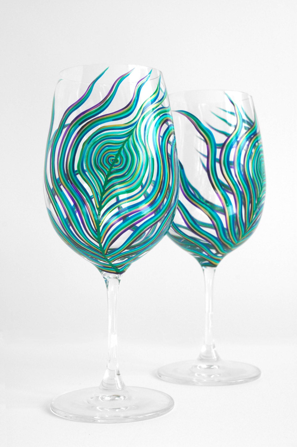 Peacock Feather Wine Glasses - Set of 4 Hand Painted Peacock Glasses - Peacock Themed Wedding
