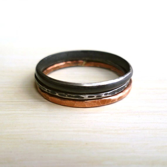 Stacked Rings - Oxidized - Sterling Silver - Antiqued - Copper - Hammered - Black - Textured - Rustic - Handmade - Stackable Rings - Custom