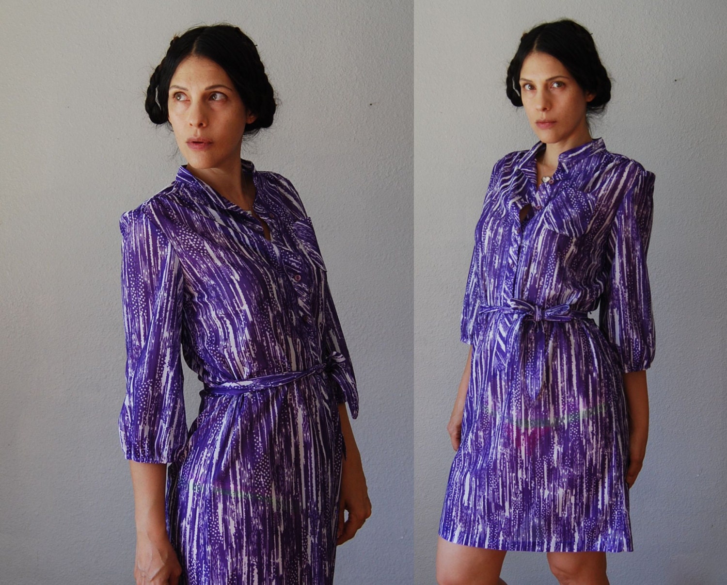 vintage sheer LAVENDER office dress /  1970s art deco print day dress