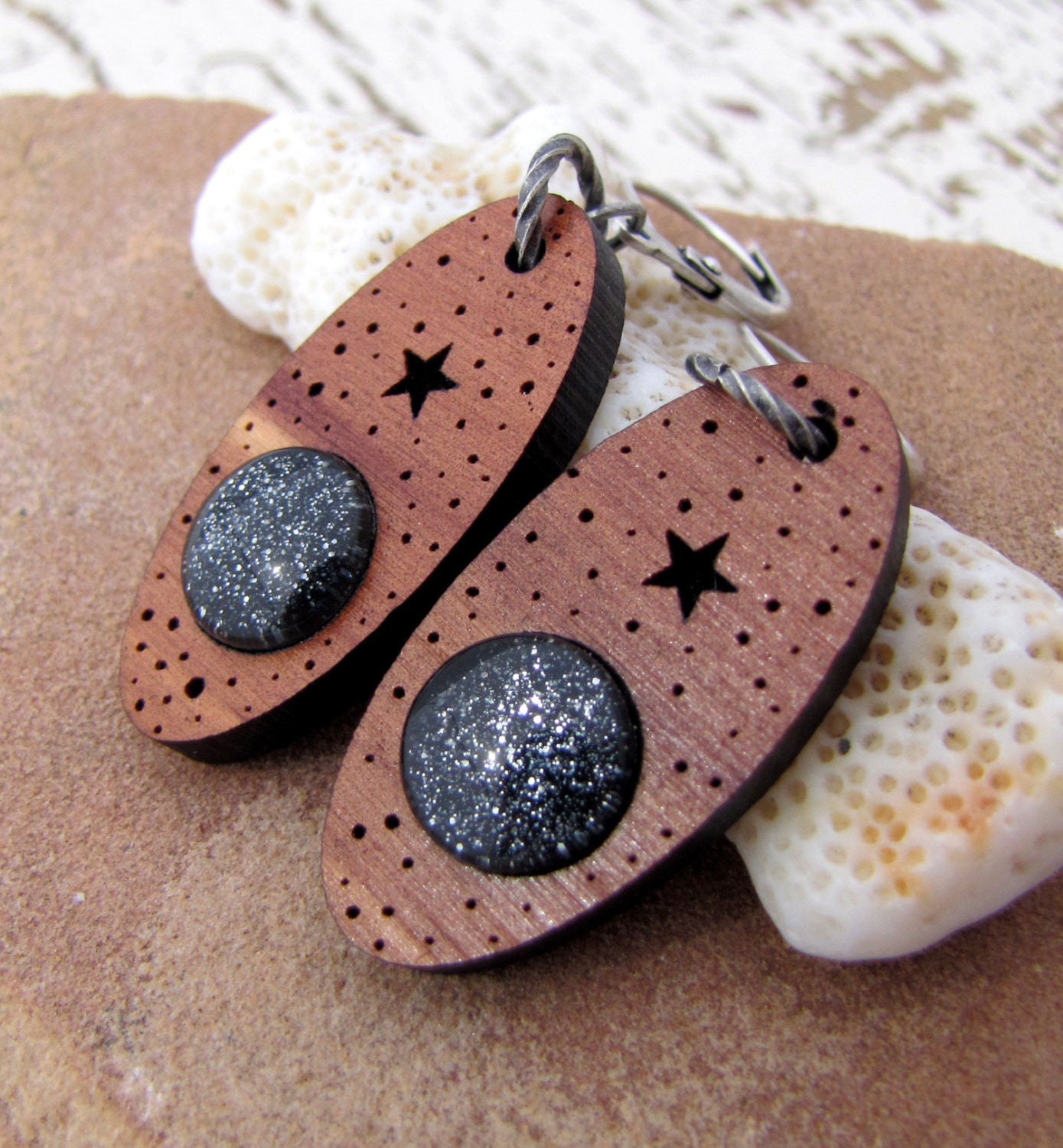 Starry Night Dangle Glass and Cedar Wood Earrings - Antiqued Silver - Black and Silver Sparkle
