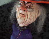 Original Hand Sculpted Clay Witch on Vintage Wood Block Folk Art Mixed Media Primitive Ornament Decoration   2 TREASURIES HAGUILD AHQU