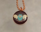 Handmade Copper Owl Charm Pendant Necklace Upcycled Repurposed Penny- Blue Owl - Womens Jewelry
