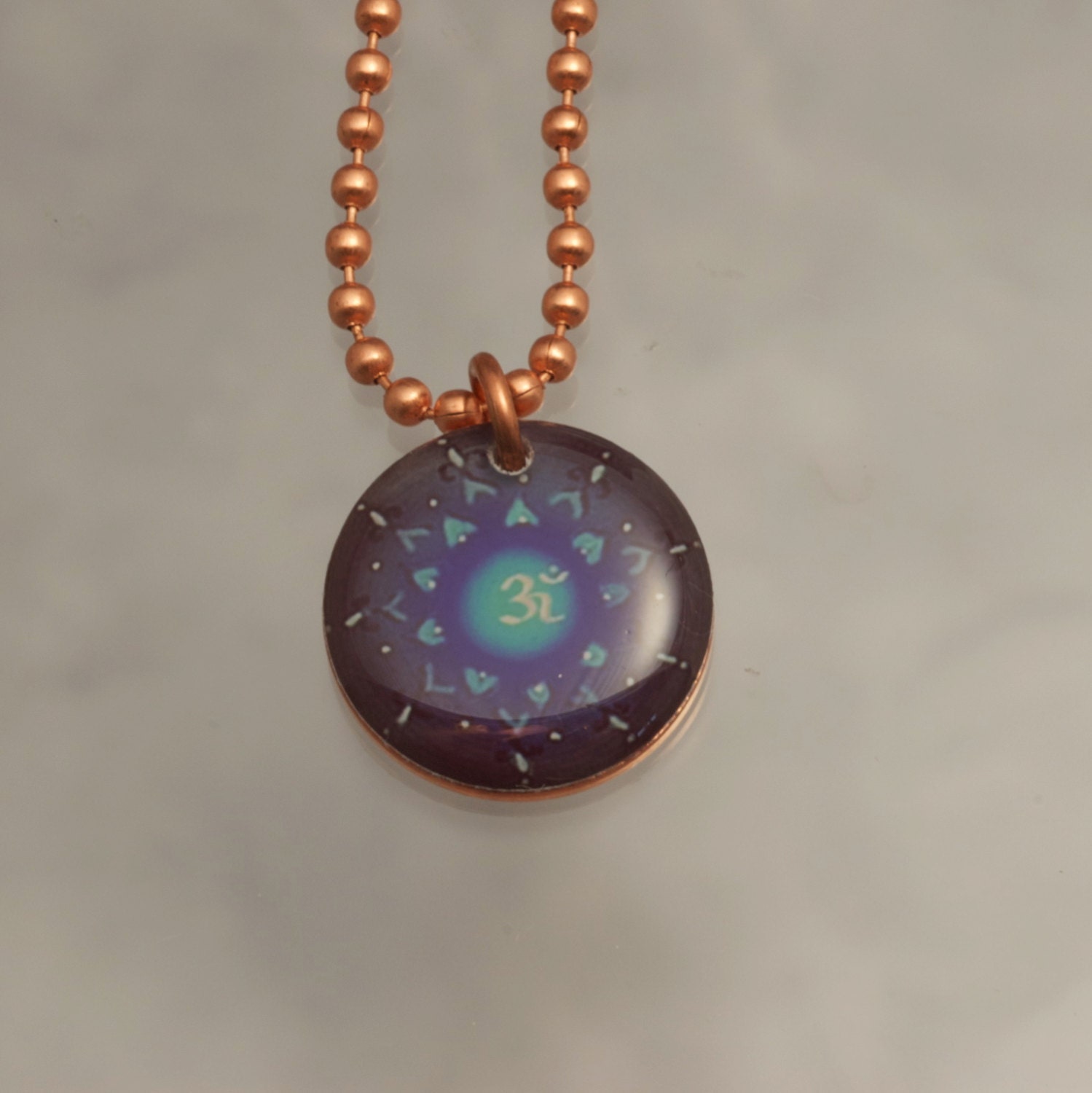 Handmade Copper Meditation Charm Pendant Necklace Upcycled Repurposed Penny- Blue Om - Womens Jewelry