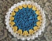 Doily Dish Cloth, yellow blue and white cottage style round dishcloth