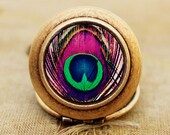 Bohemian - Photo Locket Necklace - Colorful Peacock Feather