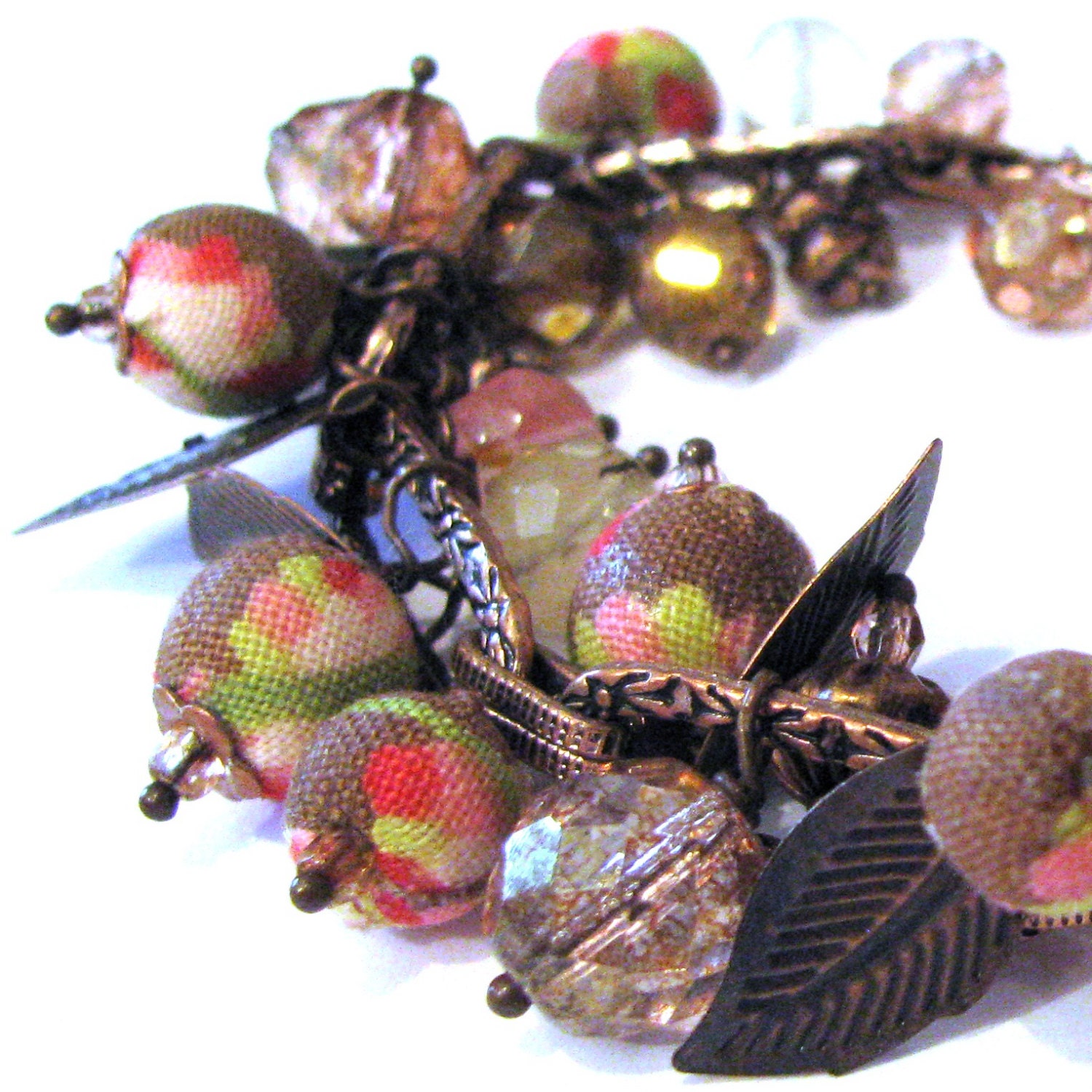REpurposed Fabric,Crystals,Fire Quartz and Copper Bracelet. Pink,red,green and brown,