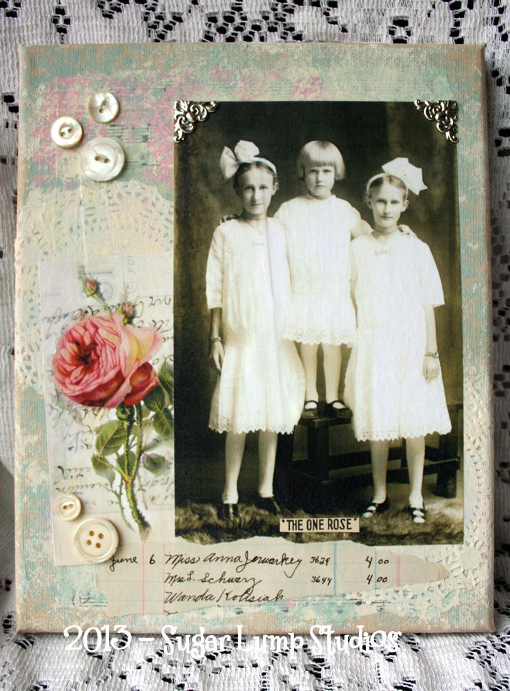 THE ONE ROSE  8 x 10 inch Altered Mixed Media Art with collage images and mother of pearl buttons