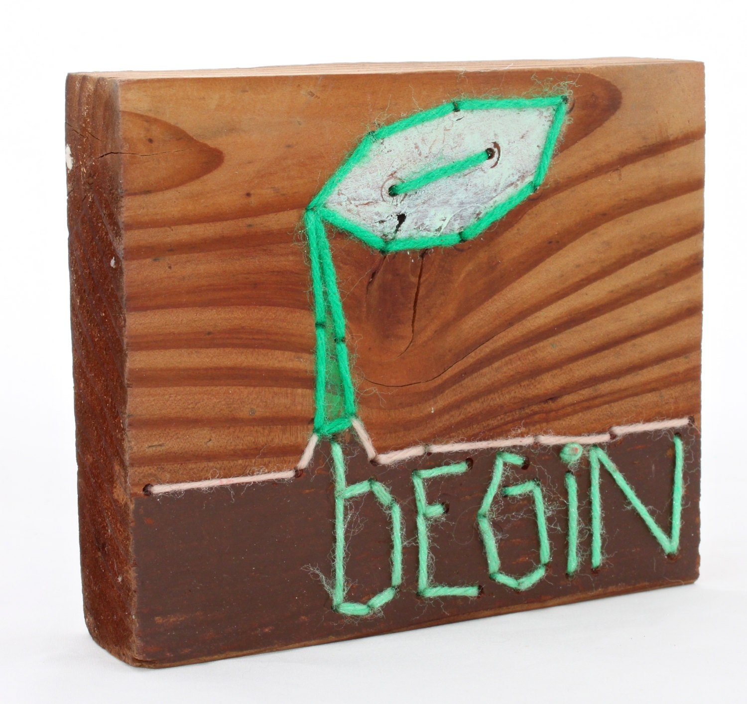 BEGIN Mini Stitched Reclaimed Wood Block With Sprout