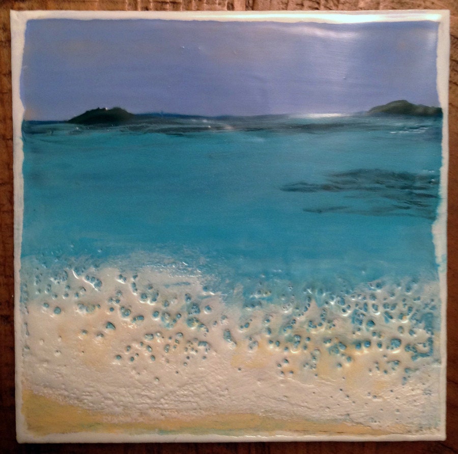 Original Encaustic Painting Caribbean Sea - No. 1, 6" x 6"