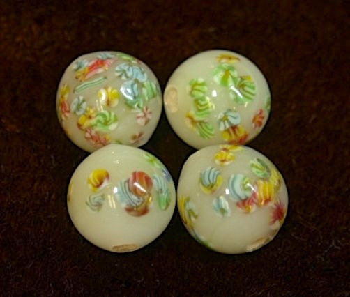 Vintage Japanese Milky White Millefiori Lampwork Glass Beads, blue green red yellow flowers 10mm pkg 4 gl050