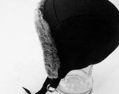 Wool Aviator Hat in Black with Gray Faux Fur Trim - Women's Hat - Lara