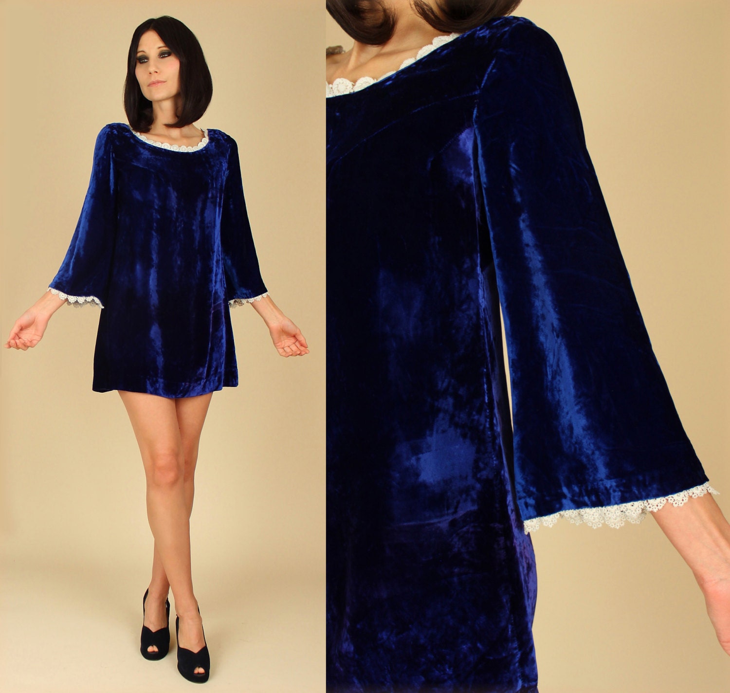 ViNtAgE 60's RARE Blue Velvet Simple Mini Bell Sleeve Mod Babydoll Dress S/M