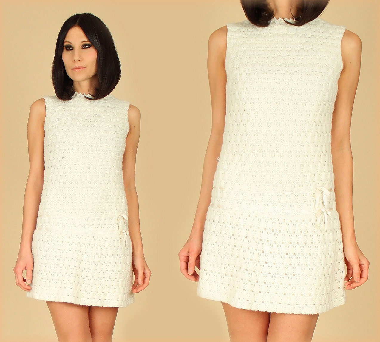 ViNtAgE 60's Mod CROCHET Drop Waist Ribbon Trim Mini Dress XS