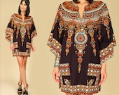 ViNtAgE 70's Black Ornate Mandala DASHIKI Angel Wing HiPPiE  MiNi Dress Tunic o/s
