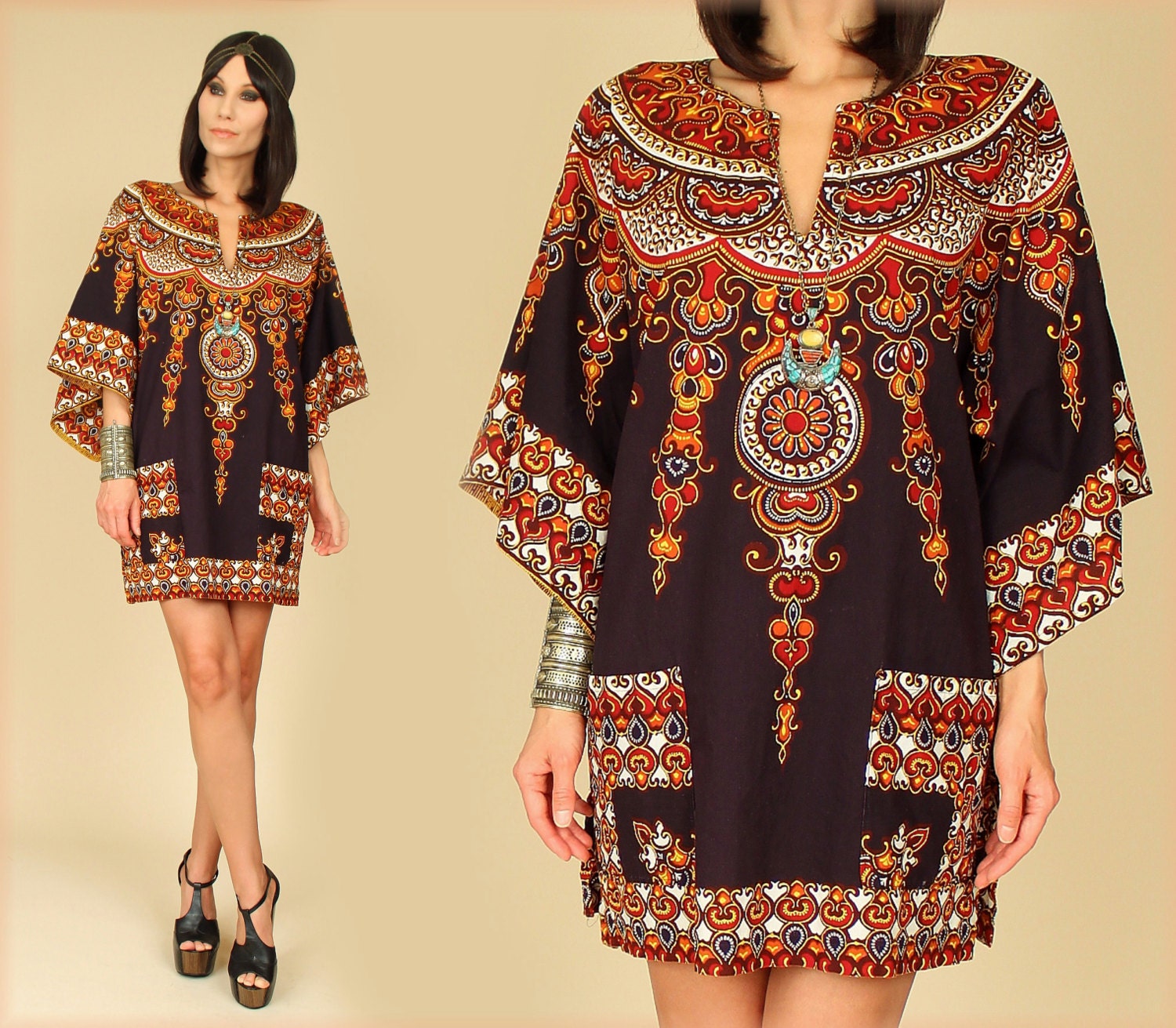 ViNtAgE 70's Black Ornate Mandala DASHIKI Angel Wing HiPPiE  MiNi Dress/Tunic M/L