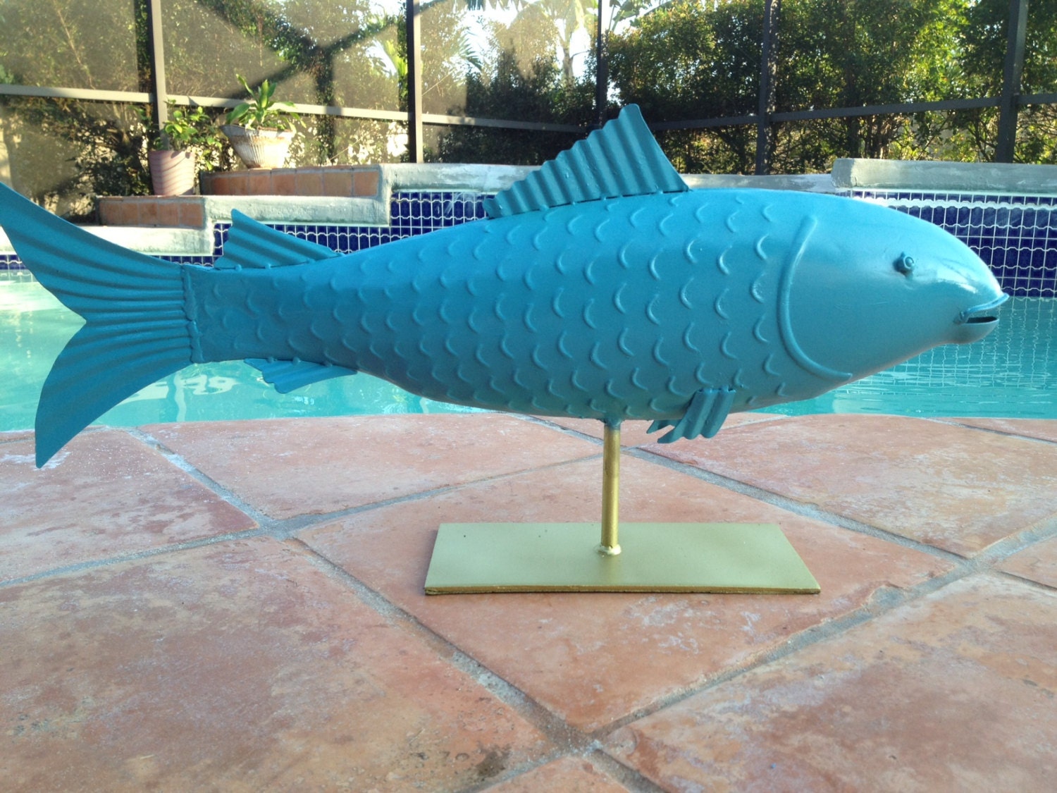 Upcylcled Metal Fish, Gold and Aqua