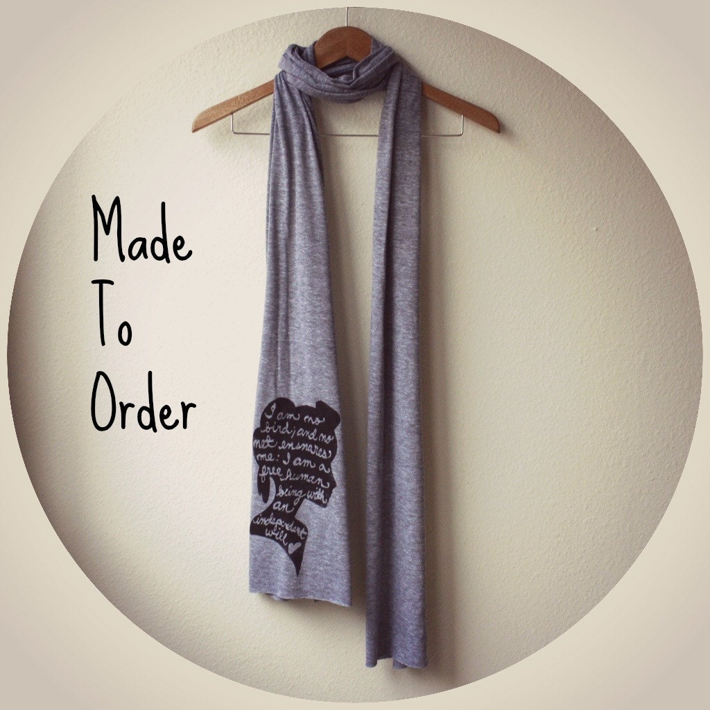 MADE TO ORDER Jane Eyre Scarf. American Apparel Hand Printed Scarf in Grey