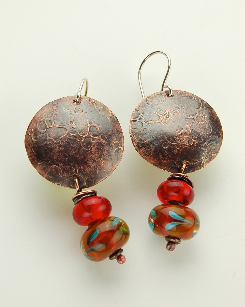 SOLD  Red Lampwork Glass Bead and Copper DIsk Earrings