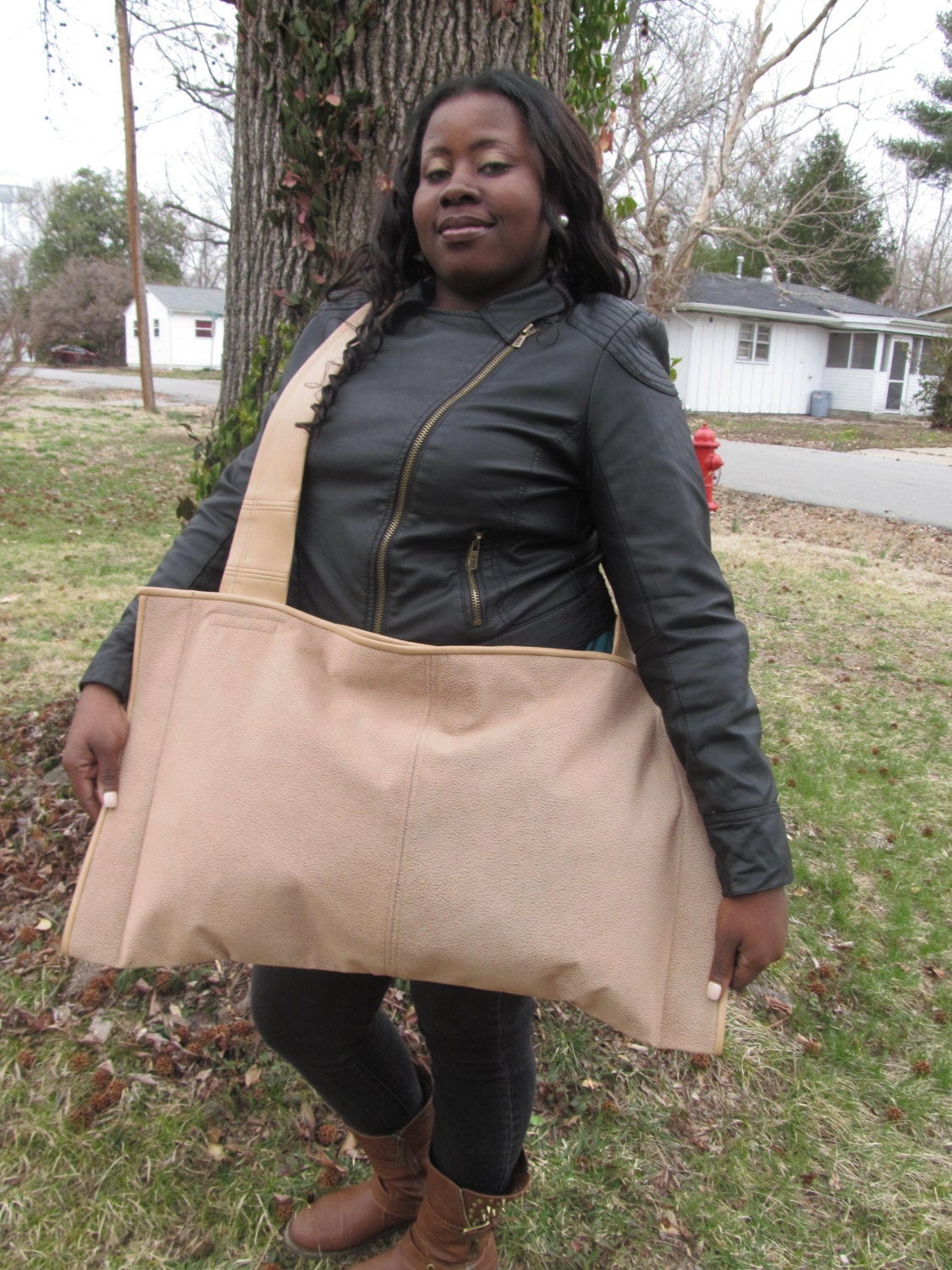 Double shopper two toned Tan upholstery fabric with tan vinyl trim, Beige, Tan, Vinyl, Floral Print, Pockets, Big, Hobo Bag, Large Bag