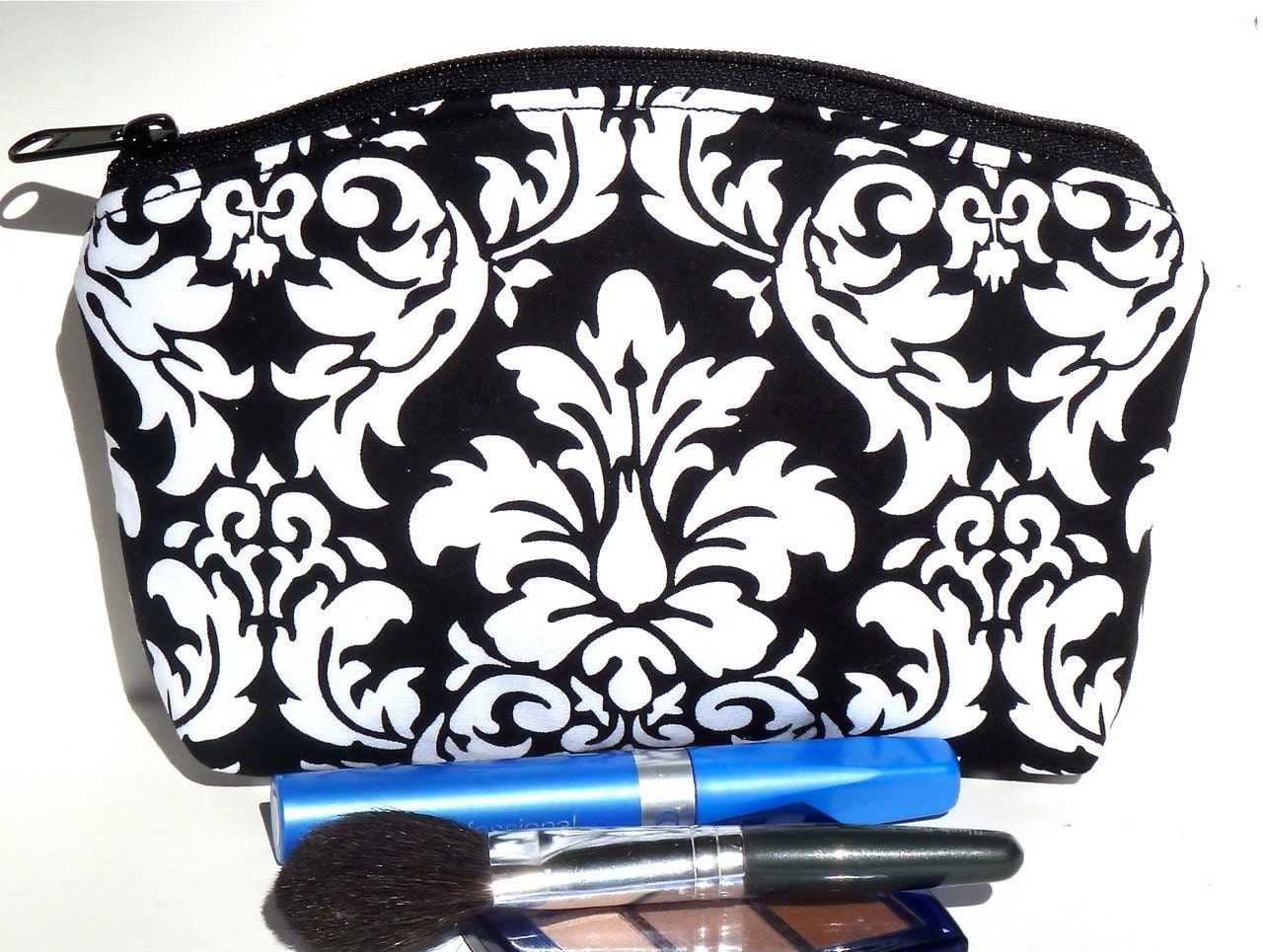 Black White Damask Bridesmaid Gift Makeup Bag/Zippered Pouch Padded Flat Bottom Round Top