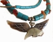 Eagle Wings Vintage Turquoise Necklace w Carved Shell and Quartz Southwestern