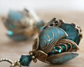 Bridesmaid jewelry earrings dangle teal aqua crystal brass