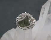 Moldavite and Herkimer Wire Wrapped Ring Metaphysical Jewelry