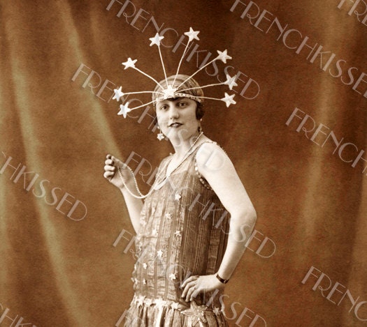 DIGITAL Scan Roarin' '20s Flapper with STARS headdress Art Deco French postcard photo download