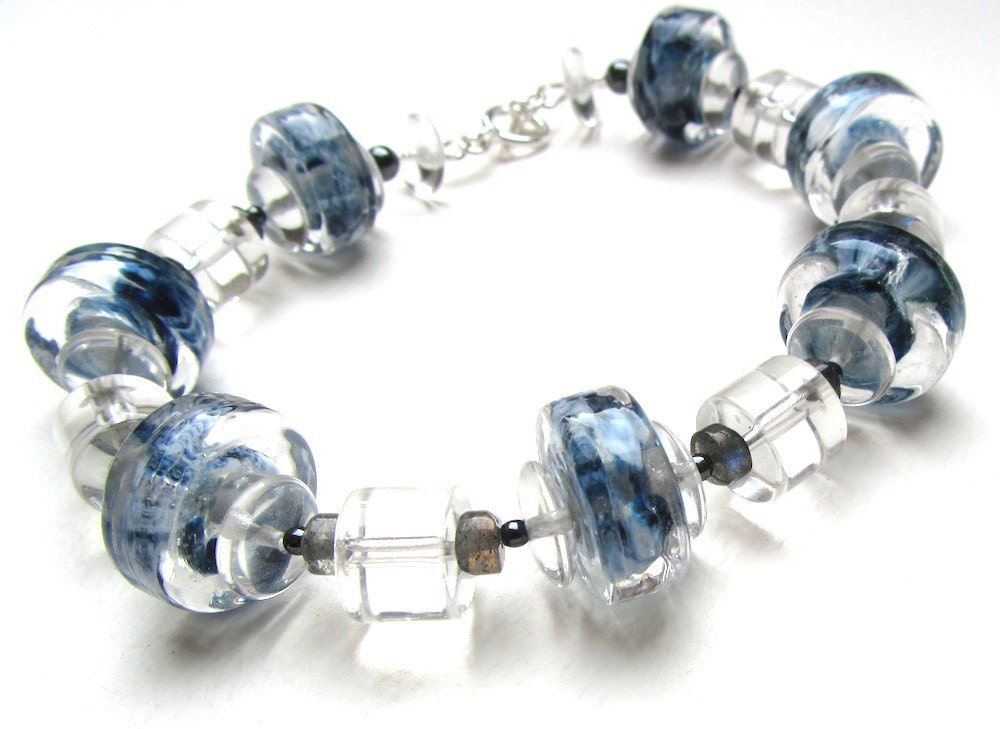 Blue and Grey Lampwork Glass Bracelet - Glacial