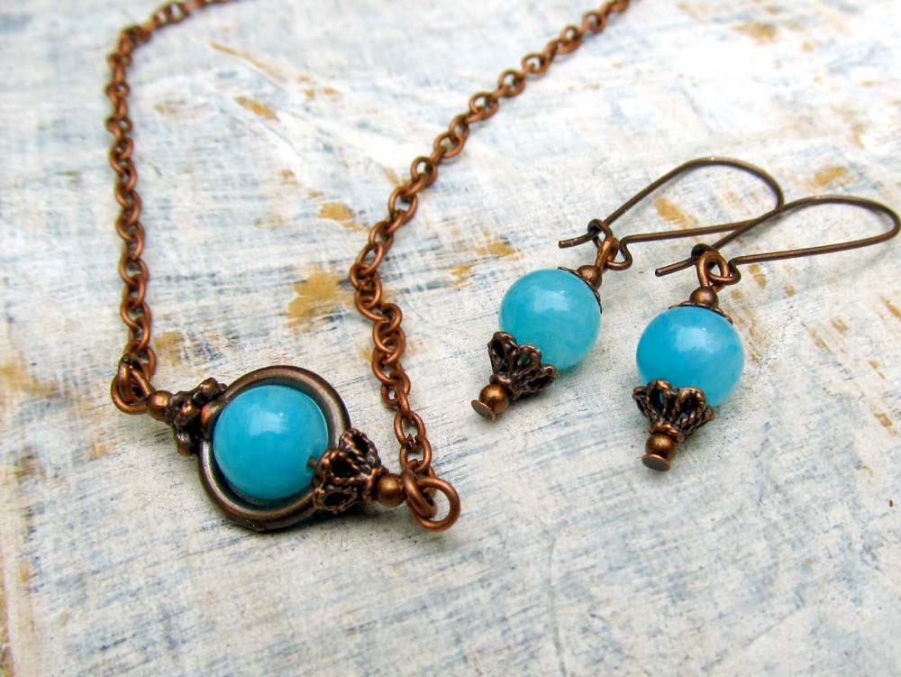 Rustic sky blue Copper necklace Simple necklace earring set Copper Jewelry