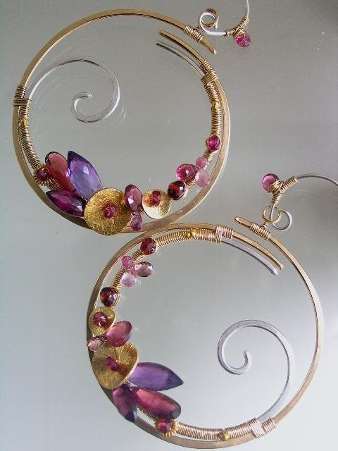 Twilight Waves...Magenta Rhodolite Amethyst Pink Sapphire laden Mixed Metal Scroll Hoop Earrings