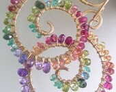 Heart and Soul...Pastel Rainbow Gemstone Rimmed Signature Original Gold Filled Spiral Nautilus Earrings...med