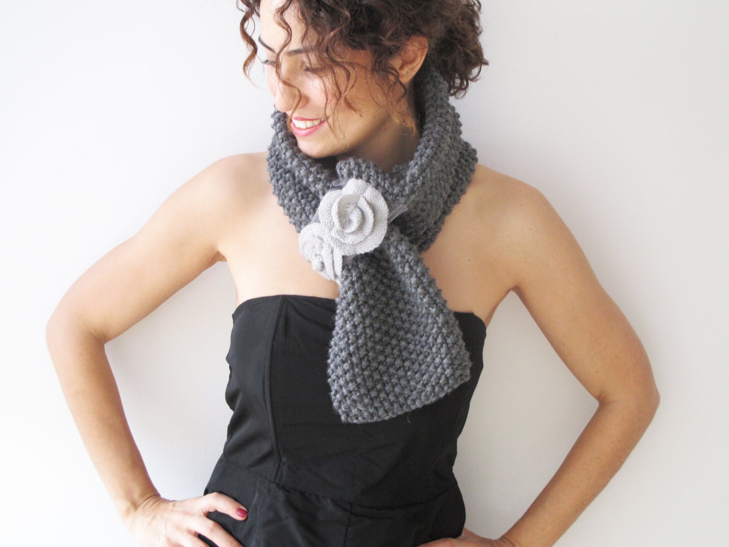 Gray Cowl Scarf with Light Gray Roses by Afra