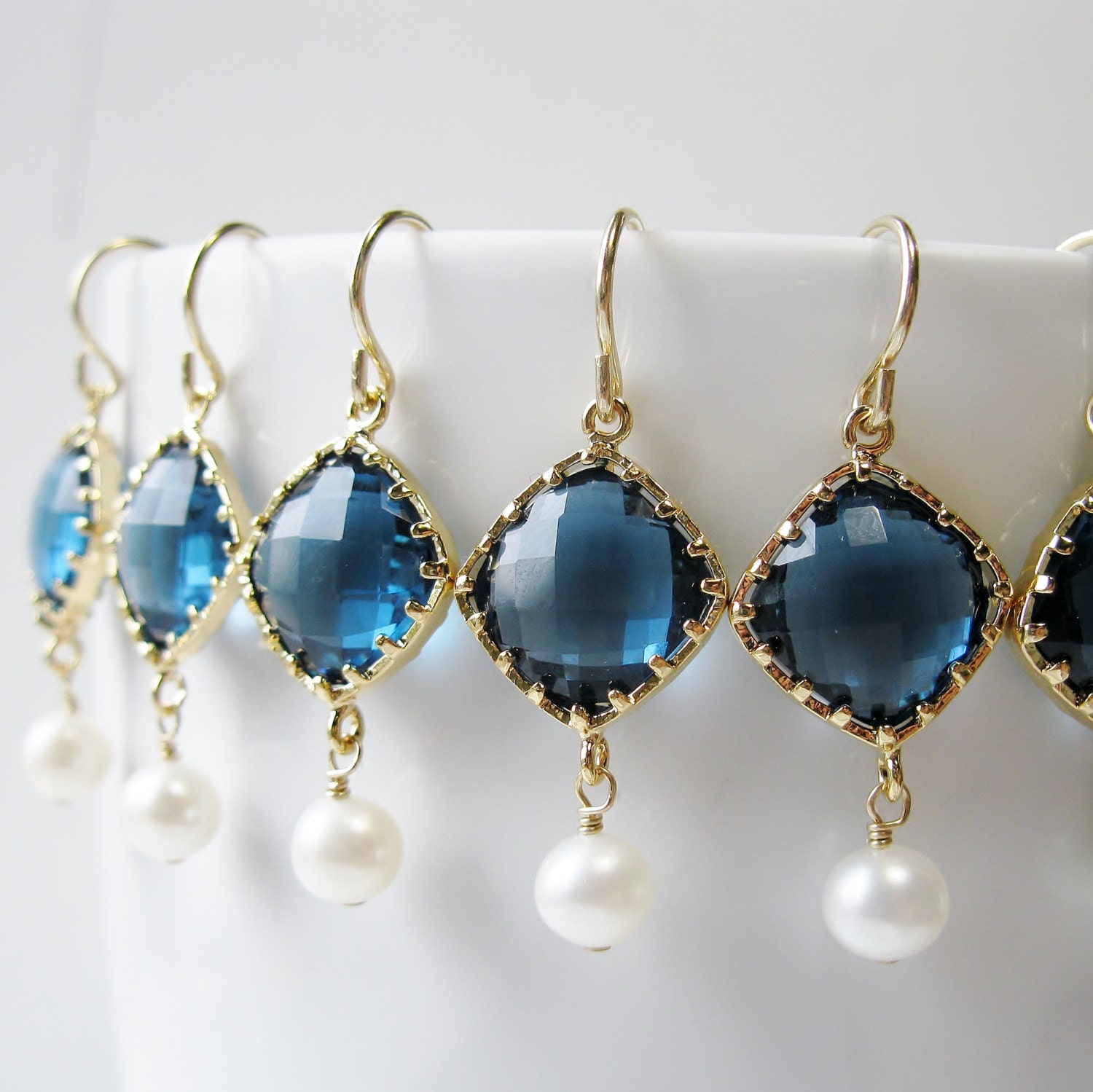 30% off - 6 Sets of Sapphire Blue and Pearl Drop Earrings, 14k gold filled - bridesmaids jewelry, wedding jewelry, bridal discount