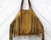 Rustic Leather Fringe Tote Bag  in Dark Mustard Brown Nubuck by Stacy Leigh