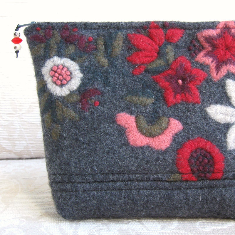 Floral Embroidery Gray Zip Pouch, Eco Friendly Upcycled Wool Clutch