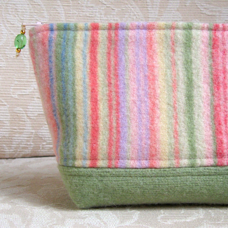 Spring Stripes Zip Pouch, Eco Friendly Upcycled Wool Clutch
