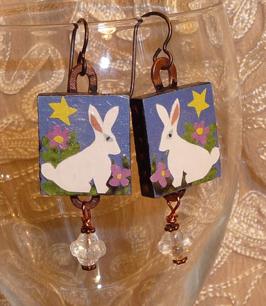 Handmade, original White Rabbit earrings, on scrabble tiles, copper wire