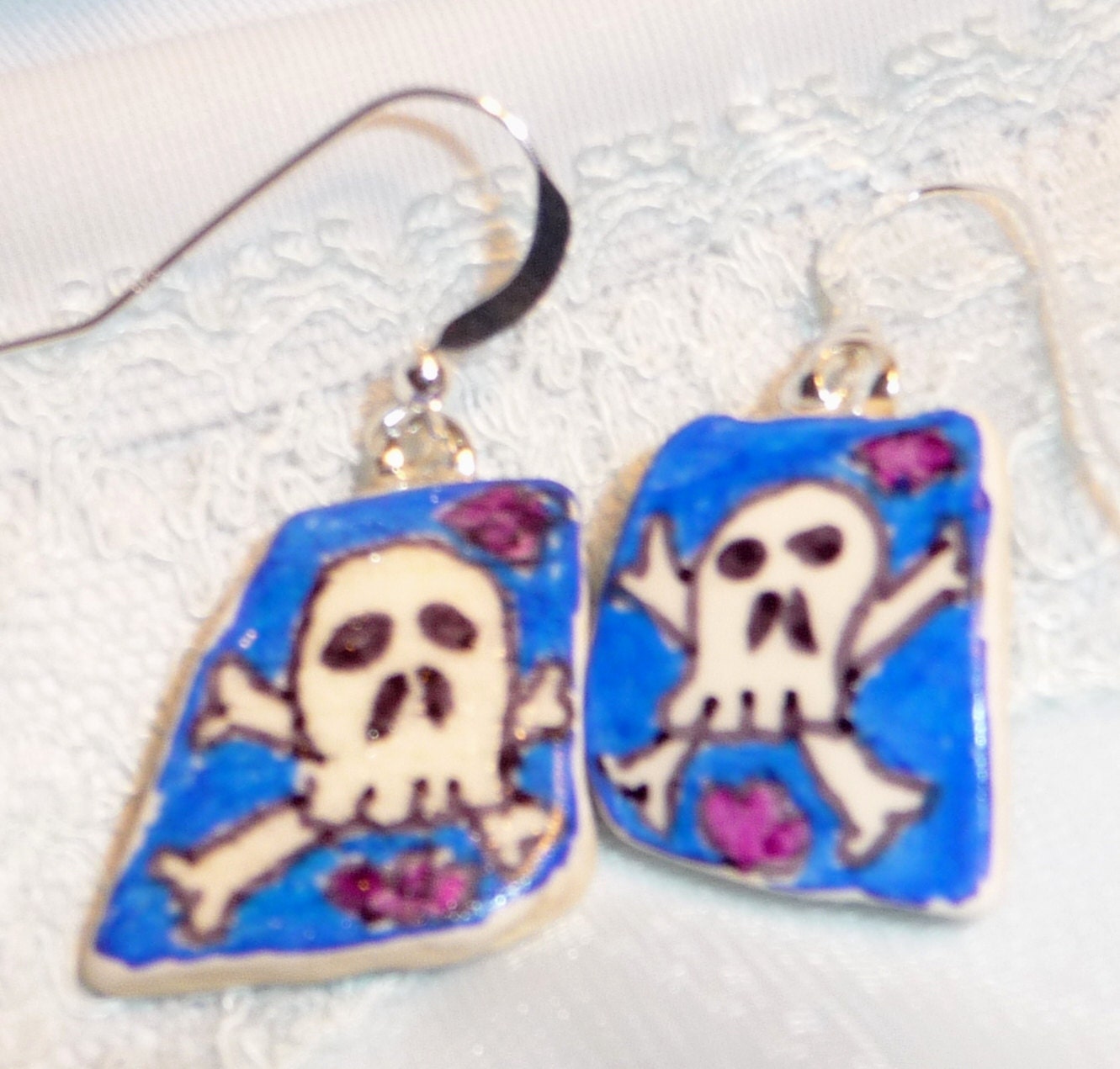 OOAK Jolly Roger, Skully Earrings on Pottery Shard, drawn by hand