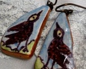 OOAK Grackle Bird Earrings on Pottery Shard, drawn by hand