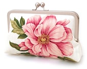 Peony and butterfly clutch bag : Silk-lined purse, wedding accessory, bridesmaid gift, bridal clutch, gift box