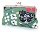 Bird and blossom clutch bag : Silk-lined purse, red, green, white and black Scandinavian fabric print, gift box