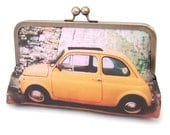 Yellow Fiat car, clutch bag : original printed purse with silk lining gift box, handmade by Red Ruby Rose