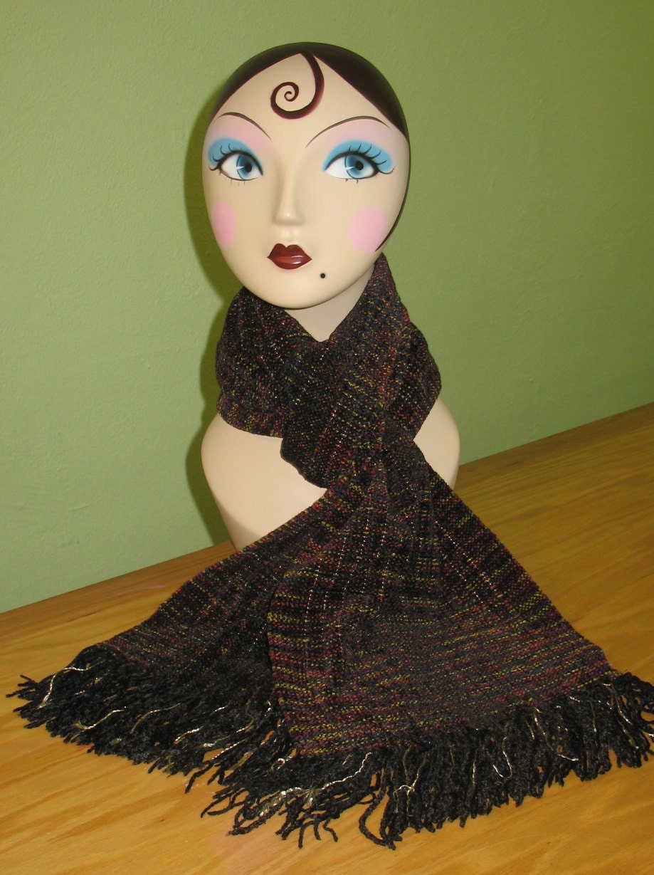 Handwoven rayon chenille scarf with spring green, royal blue, rose and purple