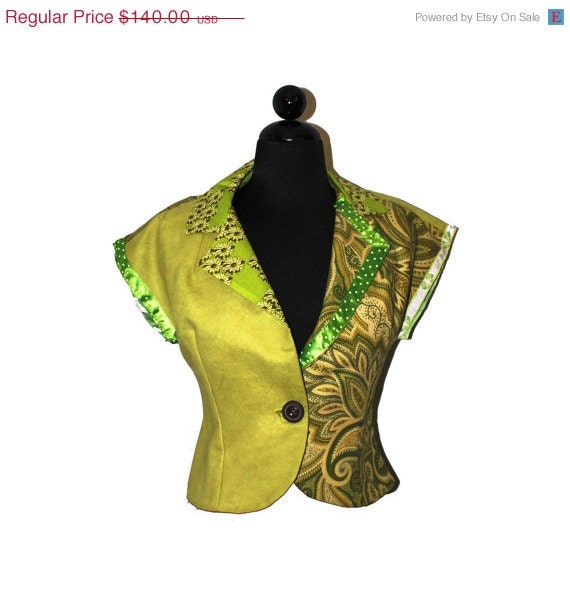 May Sale Lady's - Size 4-6 - Eclectic Lime Green Crochet Embellished Mixed Media Jacket - by Annie Briggs  'DAISY'
