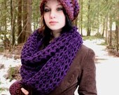 SET AIR Rasta Love Cowl Hood Vegan scarf slouch hat fingerless gloves Grape purple eggplant