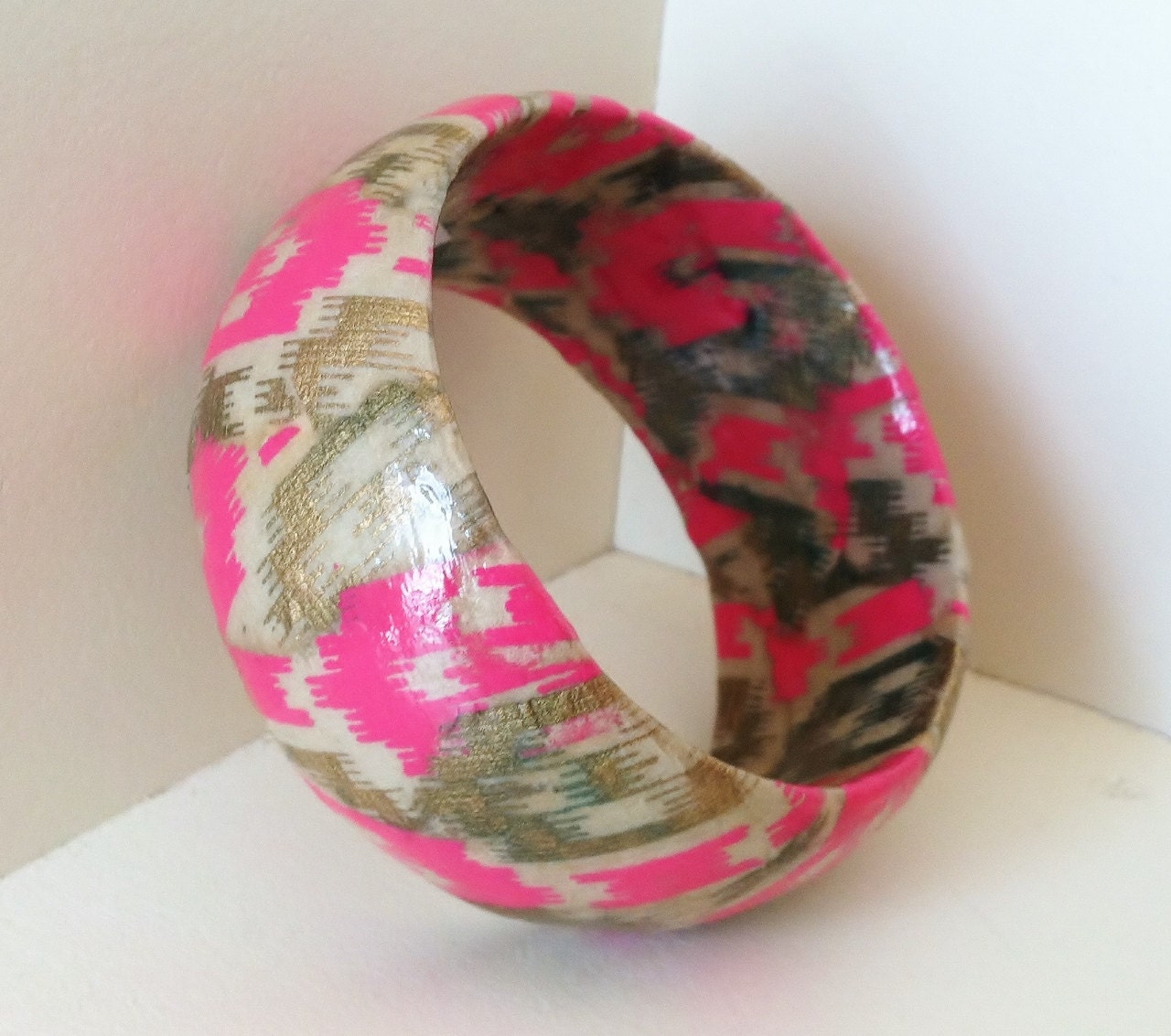 Bold Pink & Gold Ikat Pattern Hand-Decoupaged Handmade Wood Bangle by cadencedesigns on etsy
